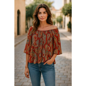 Jak & Peppar vintage Rust green Paisley Off-Shoulder bell sleeve boho top 14